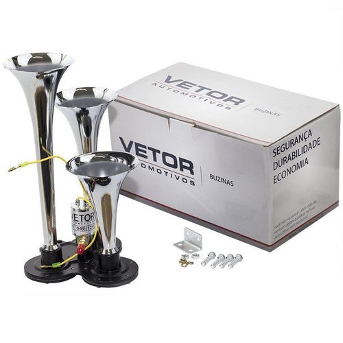 Buzina Eletropneumatica 3 Cornetas Metal Cromada 12 Volts